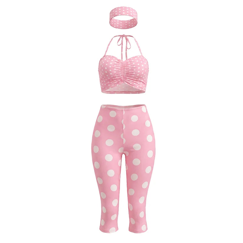 Chic Hottie Polka Dot Print 3-Piece Set Women Elasticity Headband+Halter Folds Vest+Simple Short Fashion Sexy Streetwear