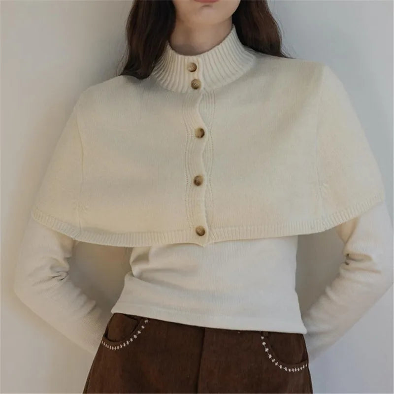 Stand Rib Collar Button Down Cropped Knit Cape For Women Dual Tone Slim Layering Short Knit Shawl Top Y2K Streetwear