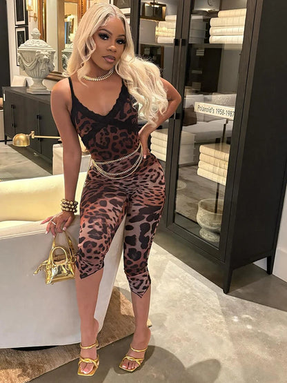 Sexy Camis Romper Women Lace Leopard Print Patchwork Skinny Stretch Sexy Clubwear Workout Midnight Playsuit Overalls