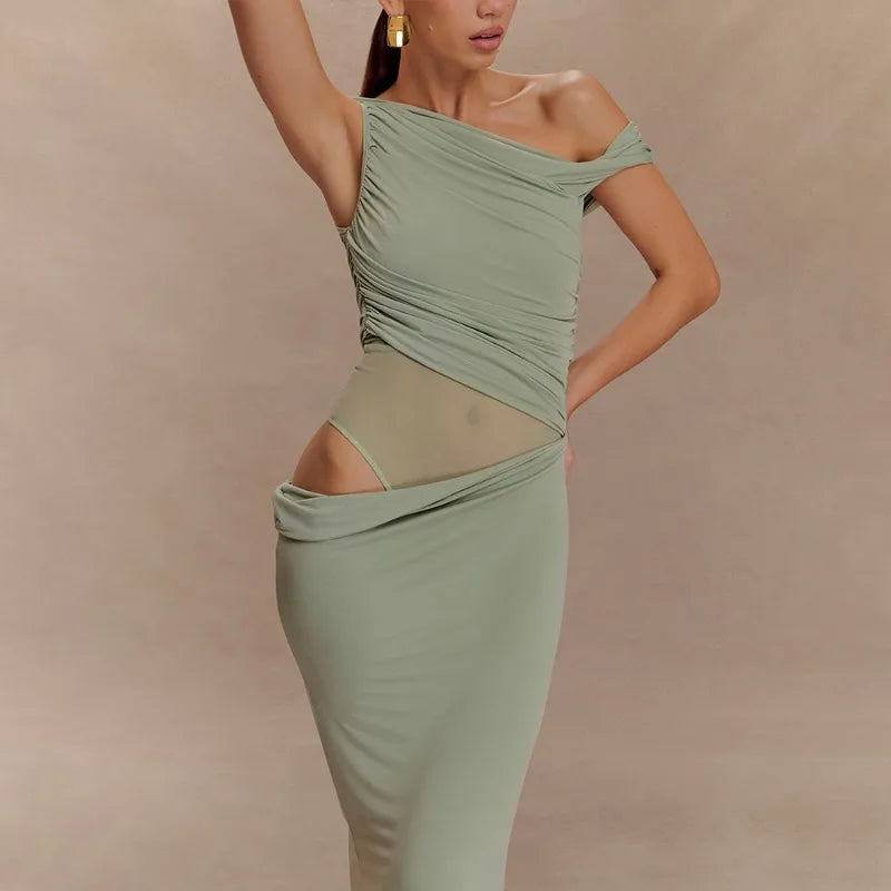 Mesh Spliced Cutout One Shoulder Split Long Dresses Green Black Elegant Party Dress Woman Clothing