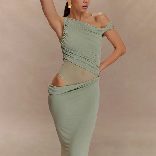 Mesh Spliced Cutout One Shoulder Split Long Dresses Green Black Elegant Party Dress Woman Clothing