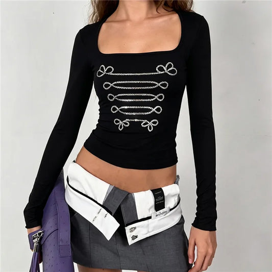 Y2K Gothic Women Square Neck Crop Top Rhinestone Bow Print Slim Long Sleeve Tee Retro Dark Aesthetic Bodycon Shirt