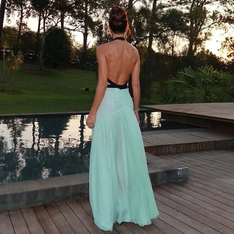 Mint Green Mesh Flowy Maxi Dress Woman Elegant Sexy Bow Deep V Neck Backless Long Dresses