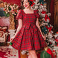 Ladies Retro Plaid Christmas Dress Square Neck Puff Short Sleeve Bow Waist A Line Swing Holiday Party Mini Dress