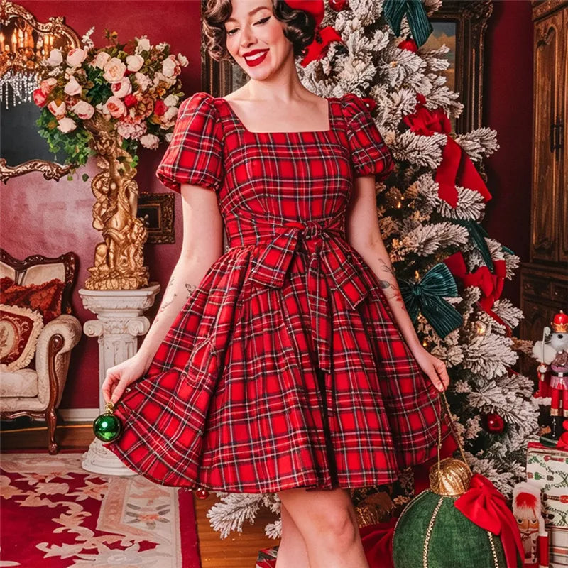 Ladies Retro Plaid Christmas Dress Square Neck Puff Short Sleeve Bow Waist A Line Swing Holiday Party Mini Dress