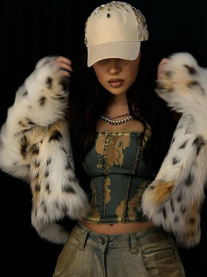 Hipster Furs Leopard Luxury Jacket Women Warm Winter Full Sleeve Streetwear Wild Hipster Midnight Open Collar Chic Coat