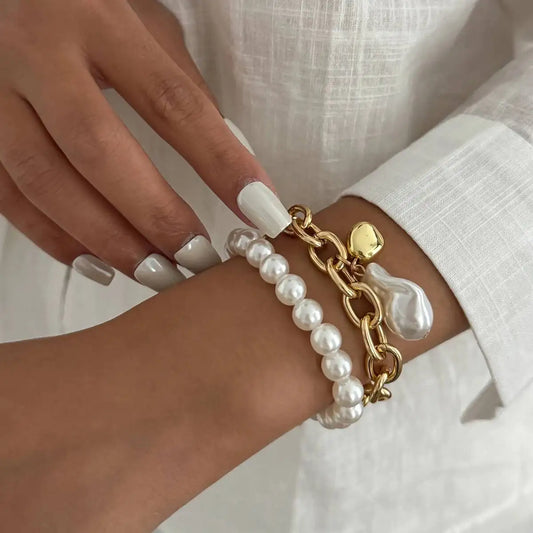 Boho Imitation Pearls Beads Bracelets Women Retro Elegant Irregular Geometry Metal Pendant Hand Chain New Year Jewelry
