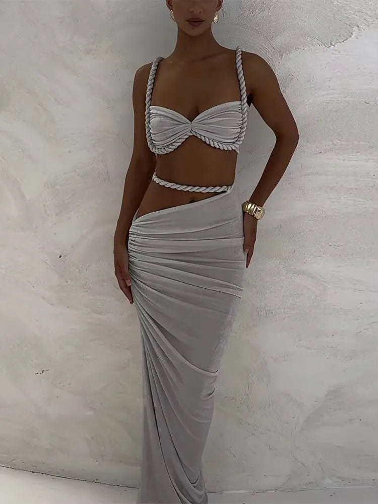 Square Collar 2 Piece Set Women Bra+Skinny Long Skirts 2025 Summer Bandage Ruched Vacation Beach Party Trend Suits
