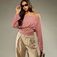 Off Shoulder Striped Fitted Long Sleeve Top with Ruched Waist Fall Woman's Clothes Casual T Shirts