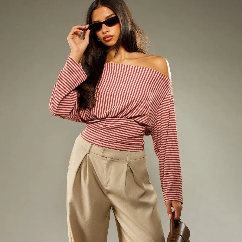 Off Shoulder Striped Fitted Long Sleeve Top with Ruched Waist Fall Woman's Clothes Casual T Shirts