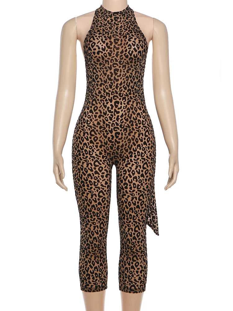Sexy Leopard Print Romper Women Flocking Backless Tight Bandage Midnight Hipster Street Activity Sleeveless Playsuits