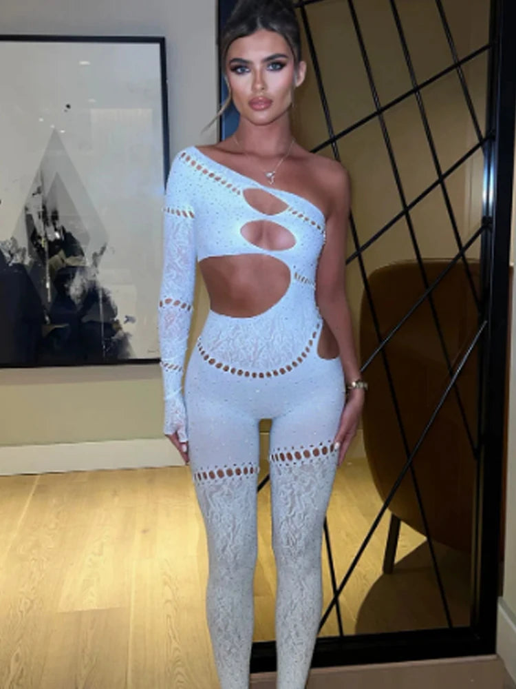 Shine Rhinestones Jumpsuits Women Irregular Hollow Skew Collar Single Sleeve Hottie Sexy Coquettish Clubwear Overalls