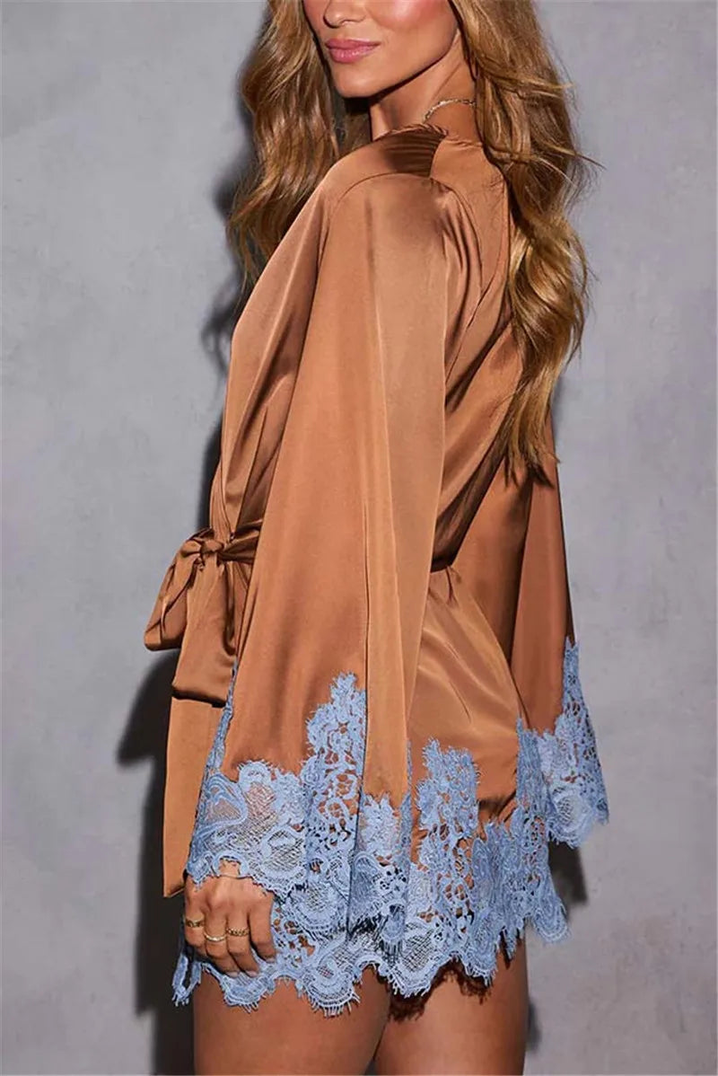 Women's Satin Lace Trim Dress Elegant Contrast Color Long Sleeve V Neck Mini Dress for Daily Nightgown Sleep Robe