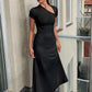 Asymmetrical Cutout sexy Midi Dress Women Short Sleeve Diagonal Neck Ruched Waist Irregular Hem Bodycon Long Dress