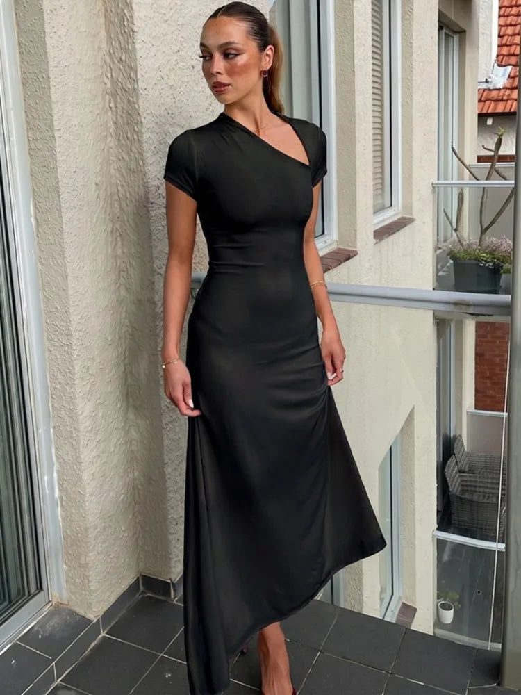 Asymmetrical Cutout sexy Midi Dress Women Short Sleeve Diagonal Neck Ruched Waist Irregular Hem Bodycon Long Dress