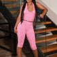 Stripe Print 3-Piece Set Women Headband+Halter Backless Vests+Elastic Waist Shorts Sporty Style Hottie Streetwear