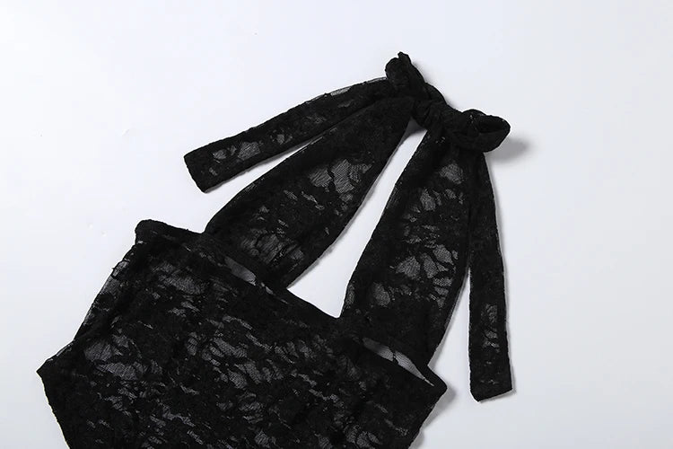 Sexy Fashion 2 Piece Set Woman Lace Patchwork Halter Low-Neck Backless Skinny Bodysuits+Irregular Mid Skirts Suits