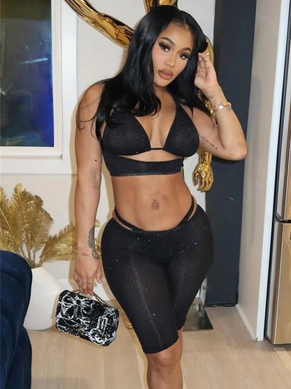 Women Sexy Fashion 4 Piece Set Wild Hollow Vest+Solid Bra+Briefs+Skinny Peach Hip Shorts Midnight Club Party Outfits