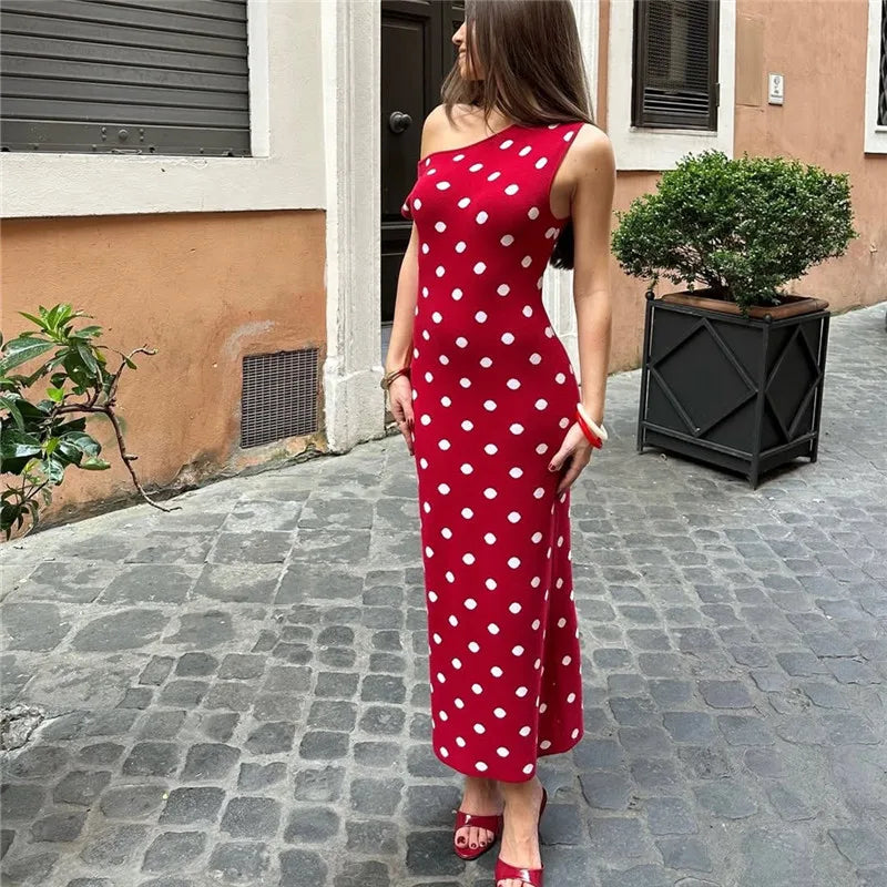 Sexy Women Red Polka Dot Off Shoulder Bodycon Midi Dress Elegant Sleeveless Knit Slim Fit Party Evening Summer Dress
