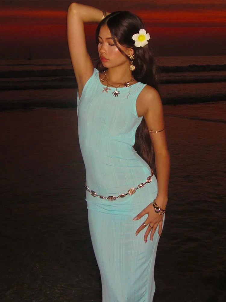 Backless See Through Dress Women Summer Slit Peach Buttocks Solid Sheath Sleeveless Sexy Beach Vacation Party Bodycon