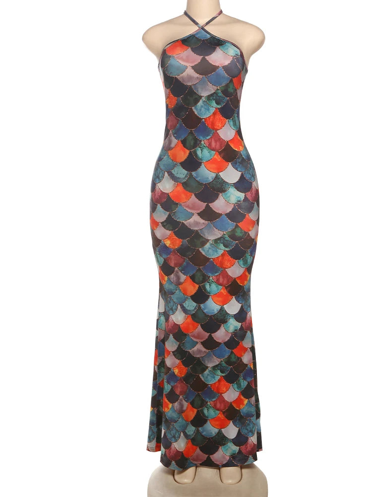 Cross Backless Dress Women Y2K Summer Colorful Scale Print Sleeveless Slim Stretch Beach Vacation Club Party Vestidos