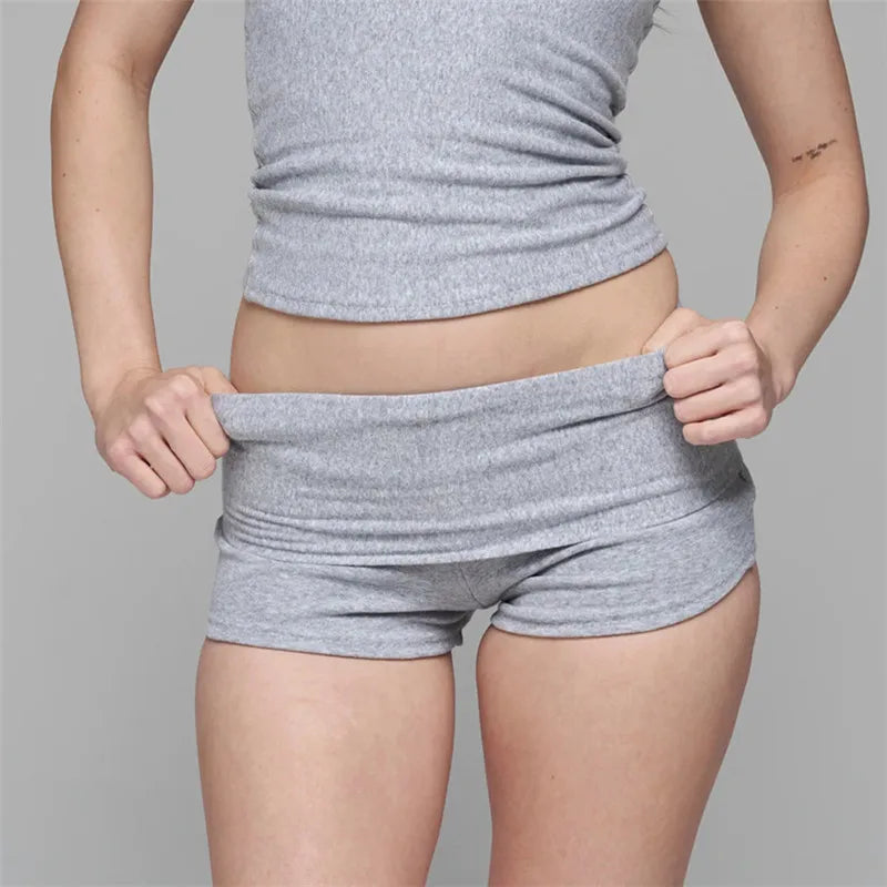 Women's Fold Over Waist Low Rise Yoga Shorts Slim Fit Stretchy Cotton Casual Summer Lounge Shorts for Daily Workout