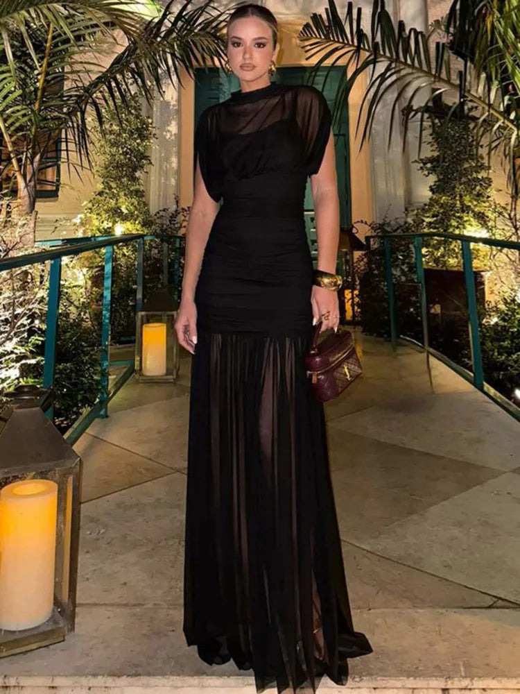 Mesh Sleeveless Sexy Maxi Dress Women Gown Elegant Half High Collar High Waist Bodycon Ruched Club Party Long Dresses