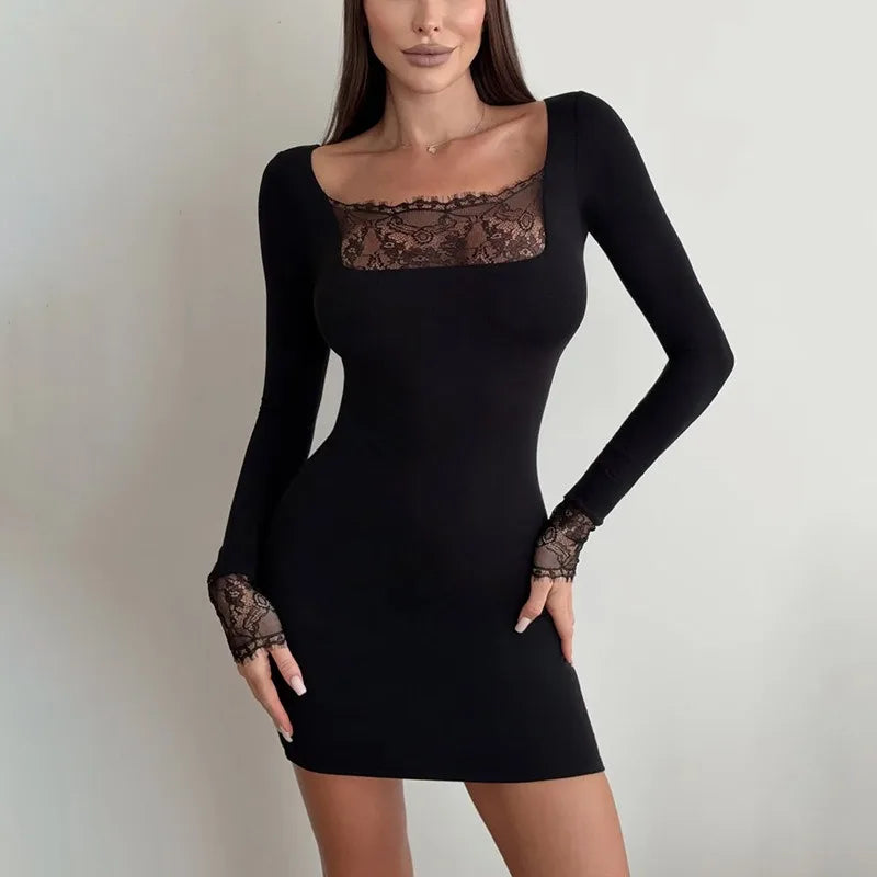 Black Long Sleeve Bodycon Mini Dress with Lace Trim Square Neck and Cuffs 2026 Fall Dresses for Woman Elegant