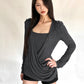 Button Decoration t-Shirt Women Square Collar Full Sleeve Folds Solid Leisure Classic Simple Comfortable Streetwear