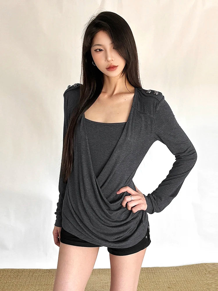Button Decoration t-Shirt Women Square Collar Full Sleeve Folds Solid Leisure Classic Simple Comfortable Streetwear