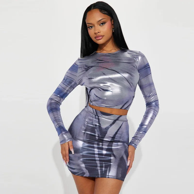 Abstract Print Metallic Bodycon Mini Dress Suits Long Sleeve 2 Piece Skirt Sets Sexy Club Outfit for Women