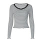 Black-and-white Striped Knit T Shirts Woman Casual Lace Trim V Neck Long Sleeve Top Fall 2026