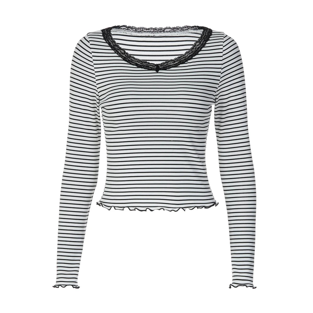 Black-and-white Striped Knit T Shirts Woman Casual Lace Trim V Neck Long Sleeve Top Fall 2026