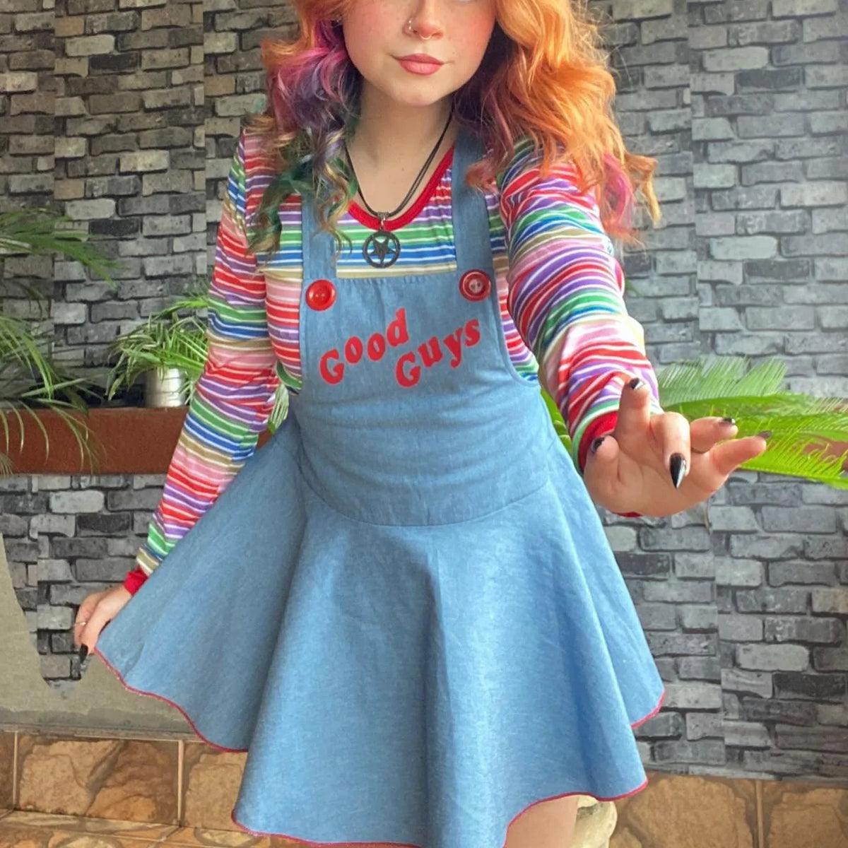 Women Devil Halloween Cosplay Costume Long Sleeve Striped Crop Tops and Suspender Mini Skirt Festival Party Outfits
