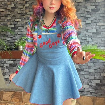 Women Devil Halloween Cosplay Costume Long Sleeve Striped Crop Tops and Suspender Mini Skirt Festival Party Outfits