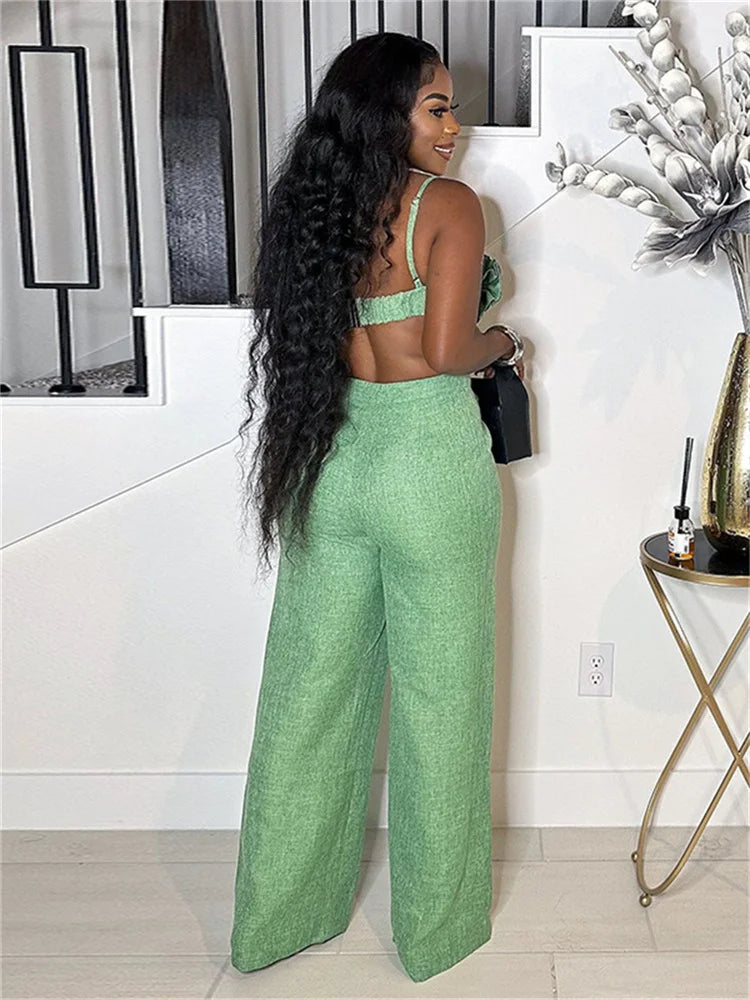 Vacation Beach Style 2 Piece Set Women Ruched Flower Bra Tops+Button Waist Straight Pants Fashion Sexy Trend Outfits