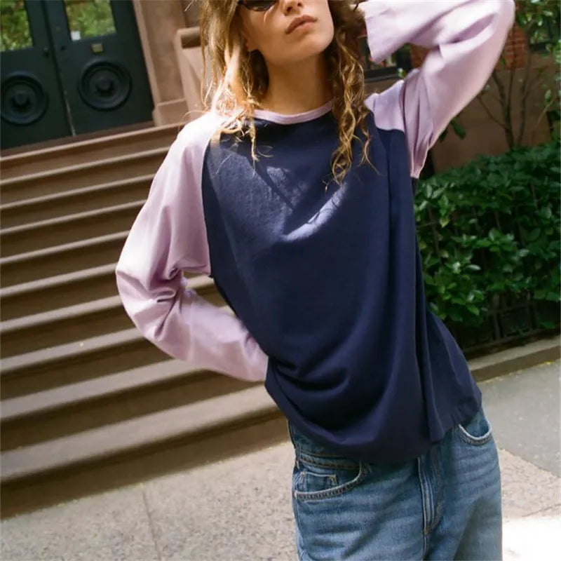 Womens Round Neck Raglan Long Sleeve Tee Color Block Contrast Patchwork Loose Casual Basic Tshirt Streetwear Daily Top