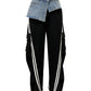 Patchwork Denim Wide-Leg Pants Y2K Women Hipster Chic Trend Side Pocket Stripe Streetwear Basic Casual Sporty Trouser