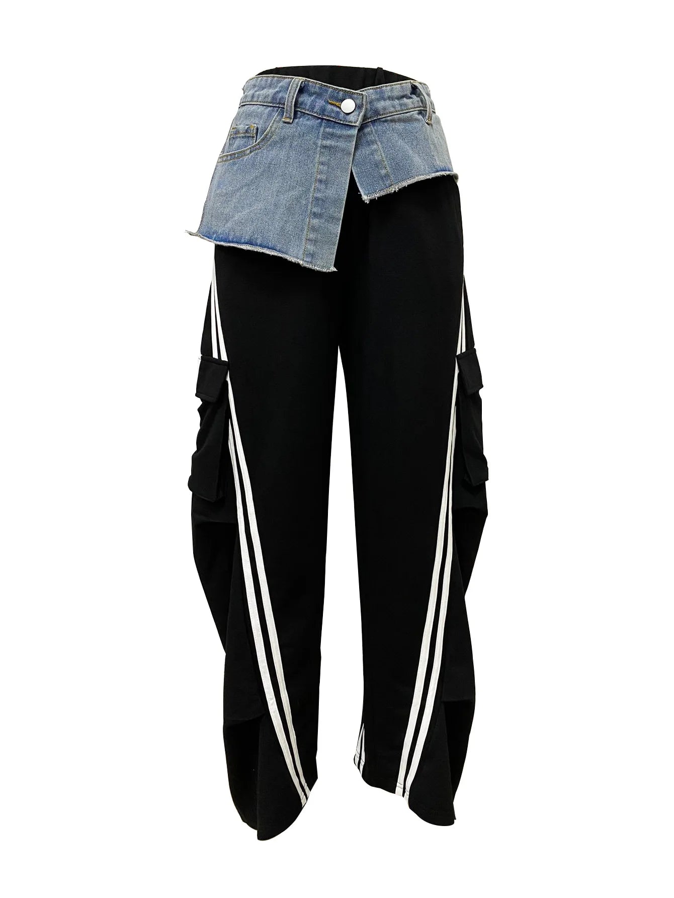 Patchwork Denim Wide-Leg Pants Y2K Women Hipster Chic Trend Side Pocket Stripe Streetwear Basic Casual Sporty Trouser