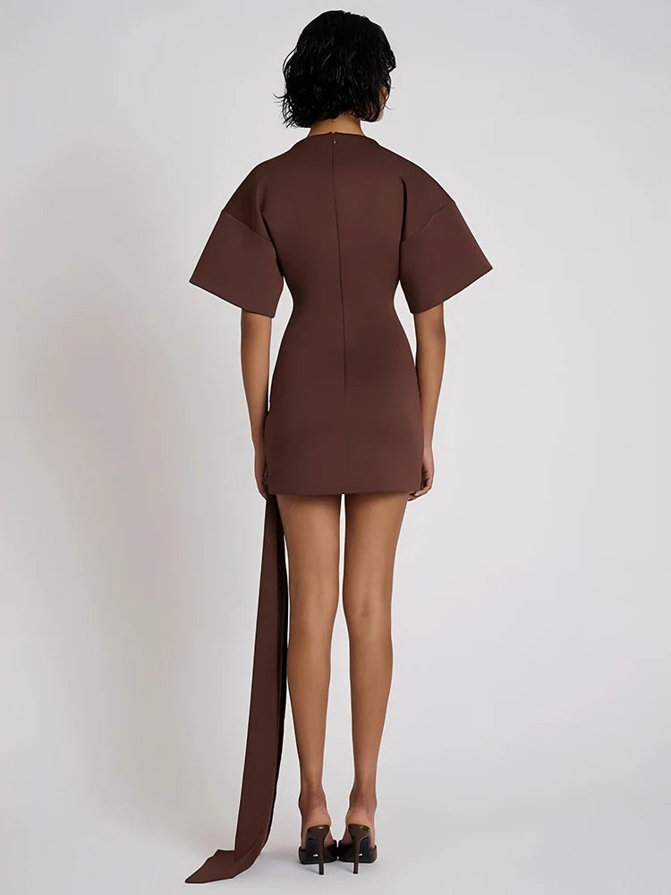 Fashion Short Sleeve Ruched Sexy Mini Dress Women Elegant Metal Decoration Solid O Neck High Waist Club Dresses New