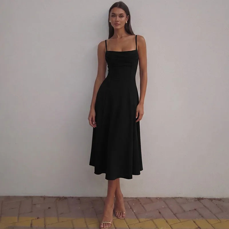 Spaghetti Strap A-line Midi Dress with Draped Neckline Elegant Brown Dresses for Woman 2026
