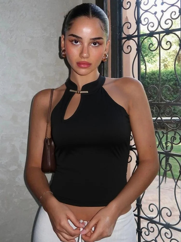 Woman Summer Tops 2025 Hardwear Detail Hollow Stand Collar Sleeveless T-shirt Black White Sexy Tank Top