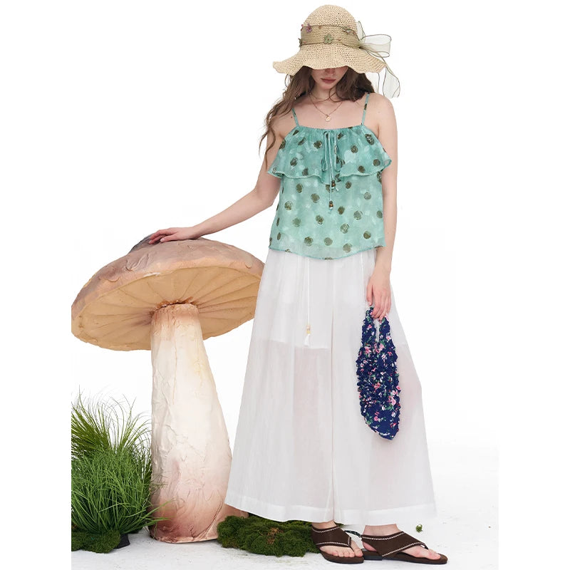 Polka Dot Ruffle Camisole, Beaded Drawstring Chiffon Cami Top, Mint Green Y2K Summer Sleeveless Blouse