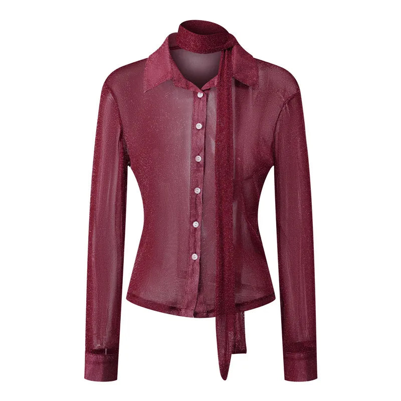 Women's Glitter Sheer Mesh Shirt Long Sleeve Choker Neck Button Down Cropped Blouse Y2K Party Clubwear See Through Top
