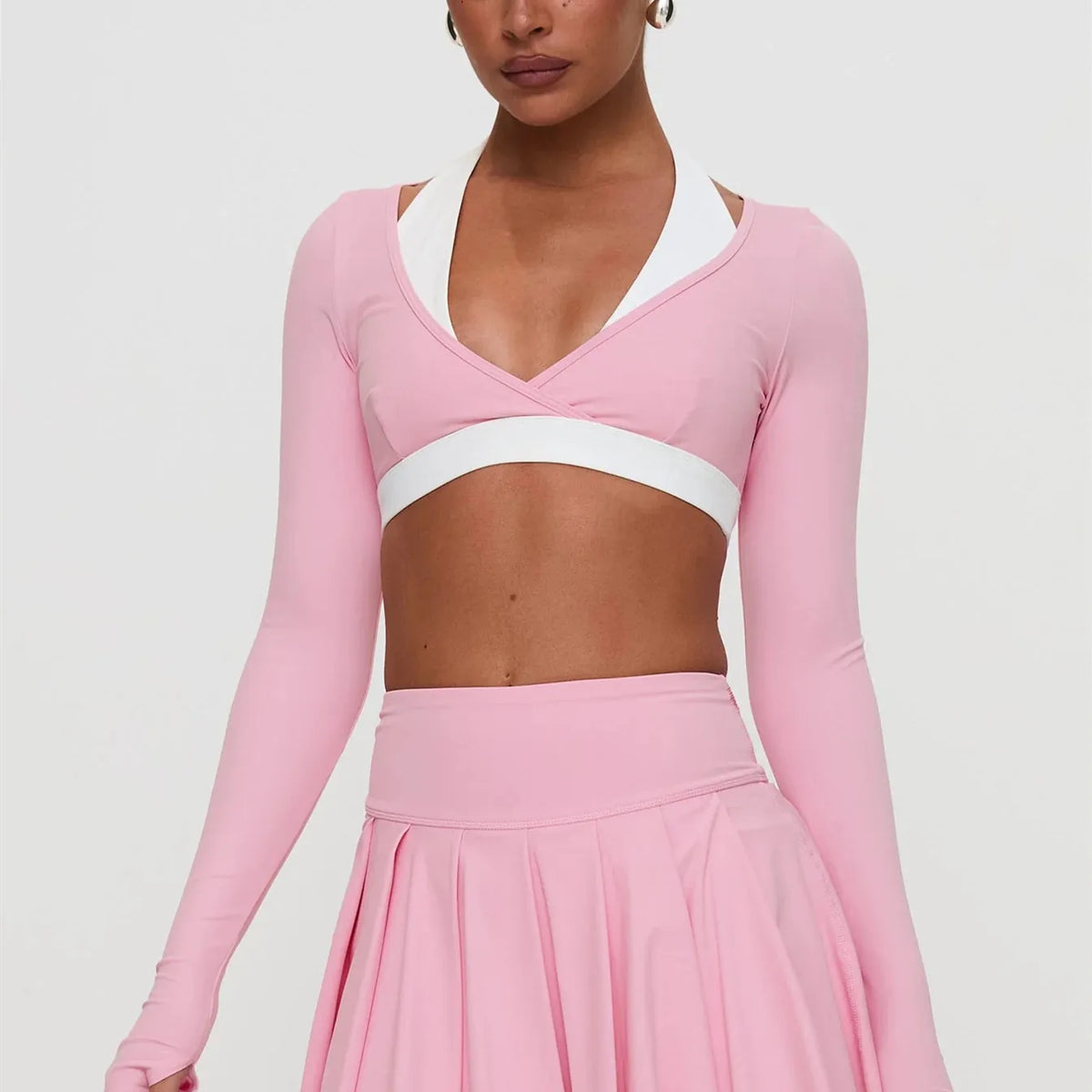 Women's Spring Fall Halter Neck Tops Long Sleeve Contrast Color Slim Fit Fake Two-piece Blouse Tee Sport Yoga Clothes