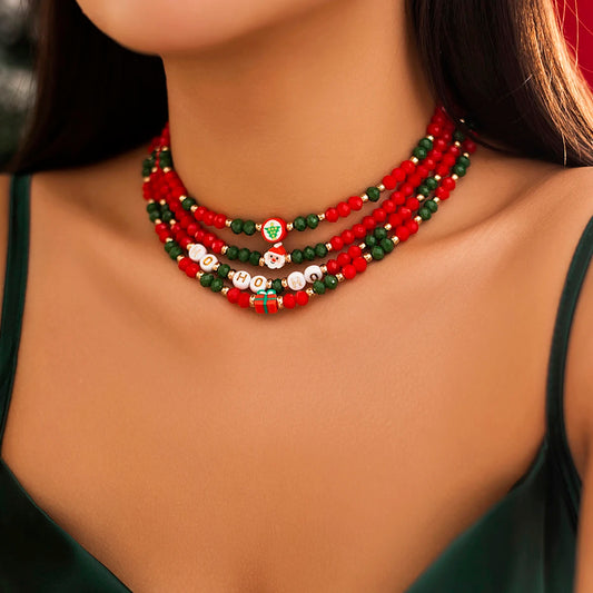 4Pcs Creative Red Crystal Polymer Clay Chain Necklace for Women Delicate Santa Claus Choker Sweater Christmas Neck Jewelry Party