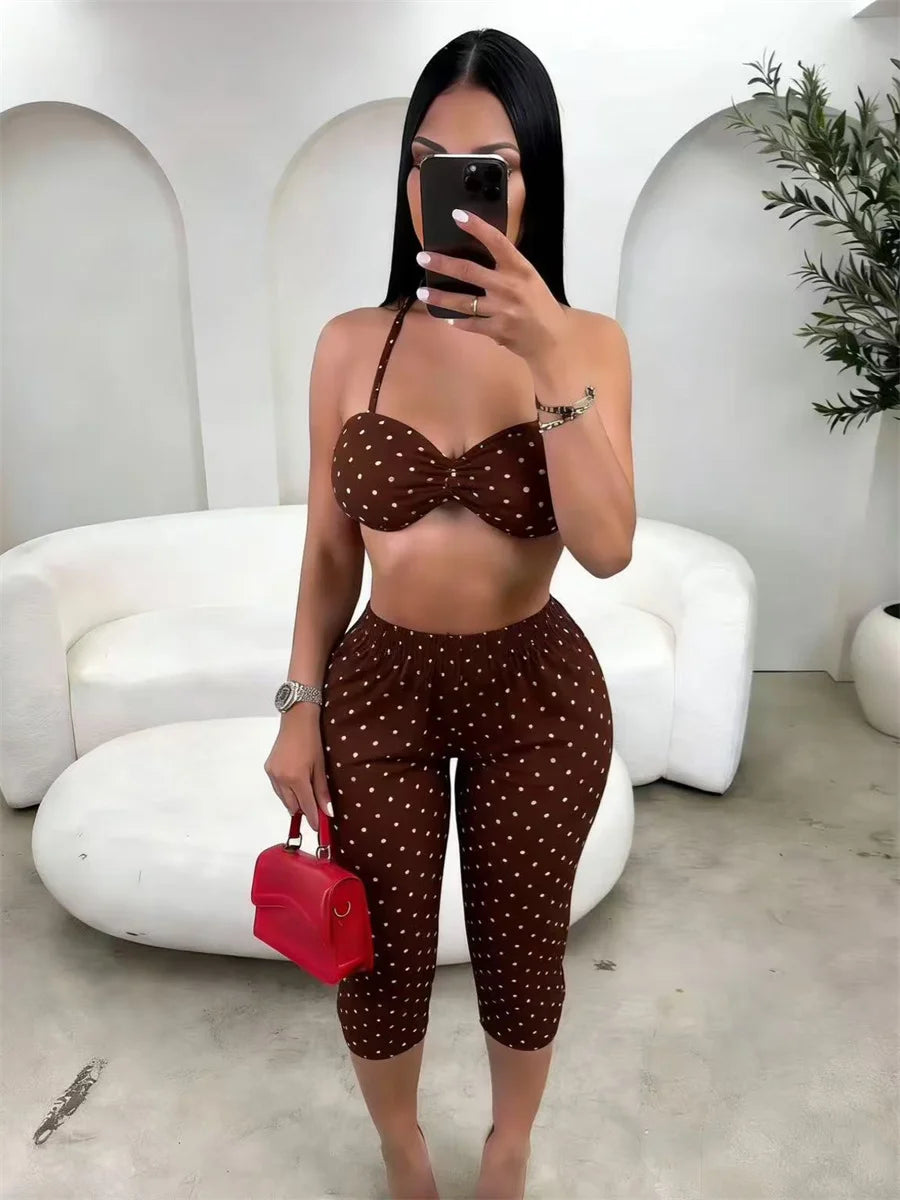 Wild Vacation 2 Piece Set Women Polka Dot Print Halter Tank Tops+Bike Shorts Stretch Matching Street Party Outfits