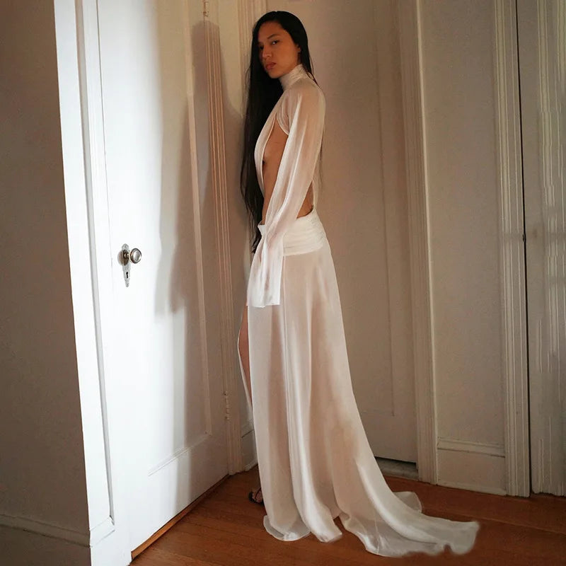 White Mesh Sheer 2 Piece Set Turtleneck Flared Sleeve Top Split Skirt Sexy Outfits Women's Matching Sets