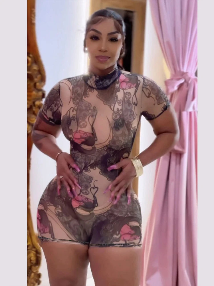 Peach Buttocks Playsuit Women See Through Shorts Sleeve Backless Summer Trend Aesthetic Print Midnight Club Romper