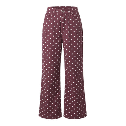 Women High Waist Polka Dot Wide Leg Jeans Button Fly Loose Flared Denim Trousers Vintage Casual Streetwear Pants